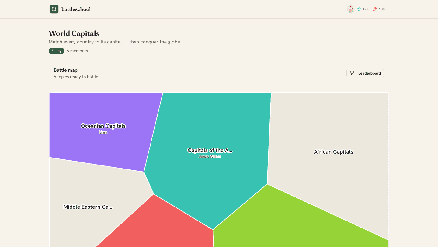 A live battleschool course — the Risk-style territory map of topics, each held by a player's colors
