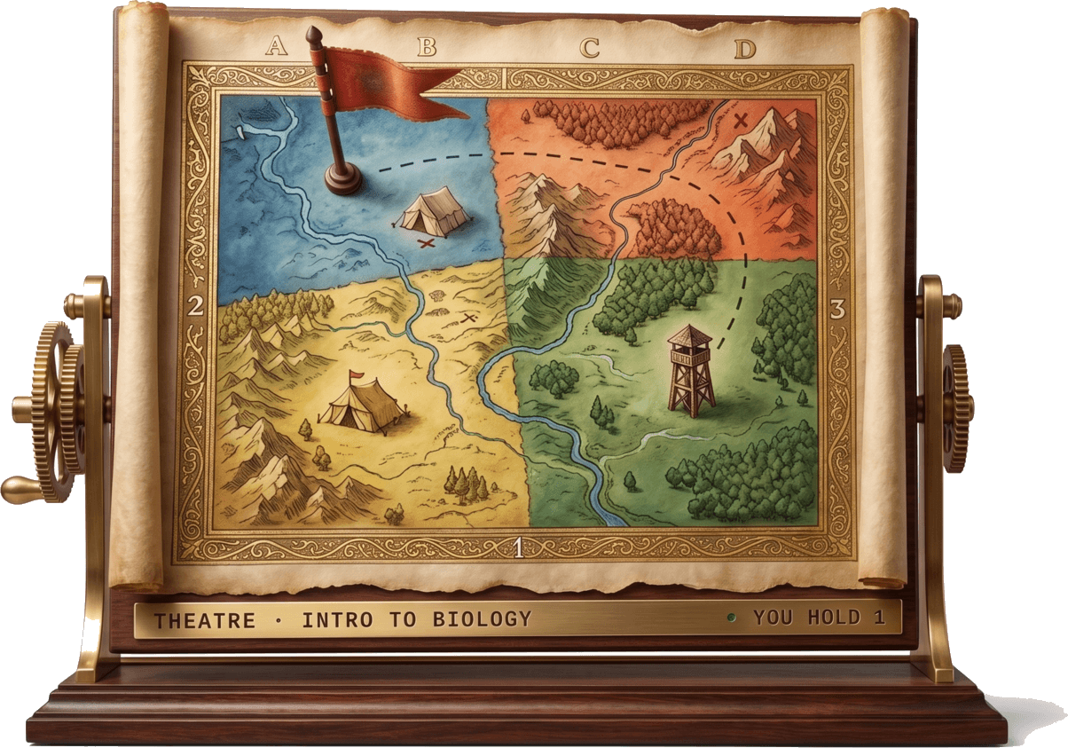 A campaign map of course topics, each territory held by a player's colors
